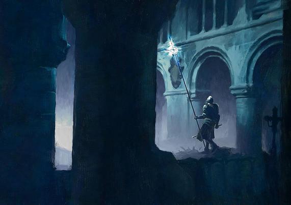 A lone knight in armor stands in a shadowy, ancient structure, holding a glowing staff, with arches and mist in the background.