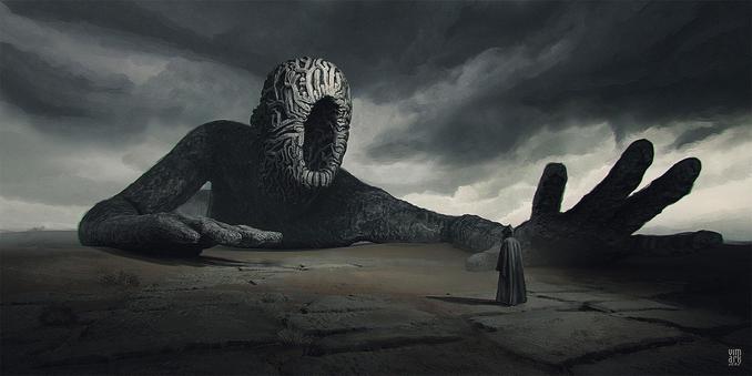 A cloaked figure stands before a colossal figure with an ominous hand protruding from the ground, under a dark, stormy sky.