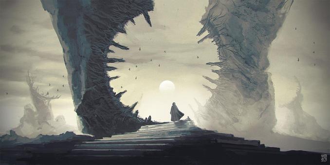 A cloaked figure stands on rocky steps between towering, jagged formations under a pale sun, birds soaring in a misty sky.