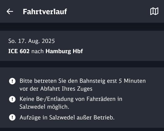 Screenshot vom DB-Navigator
ICE 602 nach HH

neben anderen Meldungen steht:

! Bitte betreten Sie den Bahnsteig erst 5 Minuten vor Abfahrt Ihres Zuges