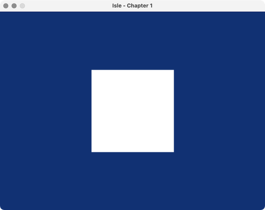 Verilator LibSDL simulation running on macOS showing a simple white square on a navy blue background.