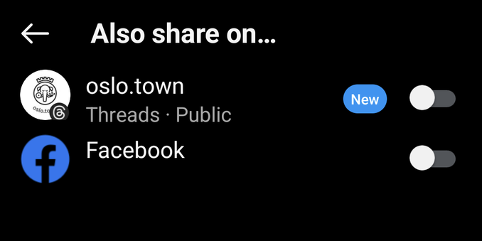 A screenshot from Instagram (which I specifically had to install to check to see if this was the case) showing the option buried away in the publish settings which reads "also shared on..." and the available options are Threads and Facebook.