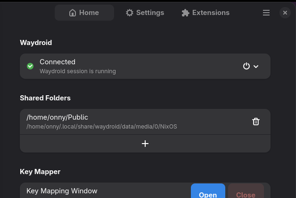 Screenshot of the graphical application waydroid-helper running on NixOS. The app shows the home screen and a running Waydroid session. Below that, a list of shared folders is configured. The first entry shows the local folder "/home/onny/Public" mounted to "/home/onny/.local/share/waydroid/data/media/0/NixOS"