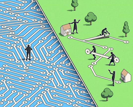 The image, an illustration by Matt Kenyon for The Guardian, contrasts two worlds: a digital one and a physical one, highlighting a disconnect or a comparison between them. On the left, a person stands alone on a complex, seemingly endless circuit board, symbolising the digital realm. The intricate pathways and circuits represent the flow of information and interconnectedness of technology. The individual's isolation suggests a feeling of being a small part of a vast, impersonal system.On the right, people are actively engaged in building and connecting in a physical, natural world depicted with grass, trees, and houses. They are physically manipulating pathways and structures, suggesting collaboration, hands-on work, and tangible results. The presence of multiple people working together contrasts with the solitary figure on the left.The dividing line between the two sides emphasises the schism between virtual and physical realities. The image appears to be a commentary on how our lives are split between these two spheres. It may be suggesting that while the digital world is a sprawling and interconnected network, our real-world connections and creations are built through direct, collaborative effort.