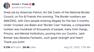 A screenshot of a tweet from Donald J. Trump expressing appreciation for Art Del Cueto of the National Border Council and Jack Brewer for their work related to border security. The tweet discusses border numbers and compares them to past issues. It includes engagement metrics such…