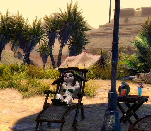 An asura in a bikini enjoying some shade under an off-screen parasol, in the middle of the desert.