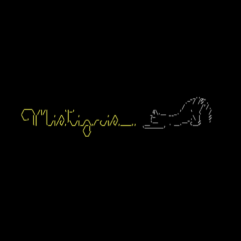 A housecat at the right fluidly stretches, facing a cursive Mistigris logo in yellow on the left side
