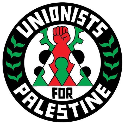 Unionists 
For Palestine 
🇵🇸 
logo designed by Ben Juers from the Workers Art Collective 2024
