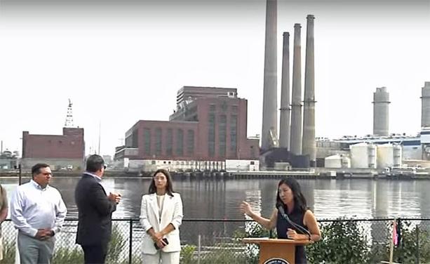 Michelle Wu and other Boston officials at Ryan Playground in Charlestown, discussing proposed Revolution soccer stadium across the Mystic in Everett