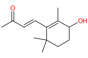 Chemical structure of 4-Hydroxy-beta-ionone displaying atoms and bonds.