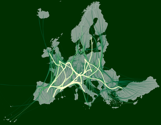 A map of student mobility flows going across Europe on the regional NUTS 3 level. Majority of the largest flows go between large cities in France, Spain, Italy, Germany, and the UK. Some outlier major flows go to Stockholm, Istanbul, Dublin and Warsaw. The flows represent absolute numbers of Erasmus+ students and their origins and destinations. The flows have not been weighted by regional enrolled student counts, and thus regions with larger populations are emphasized, and potentially more meaningful patterns are not visible.