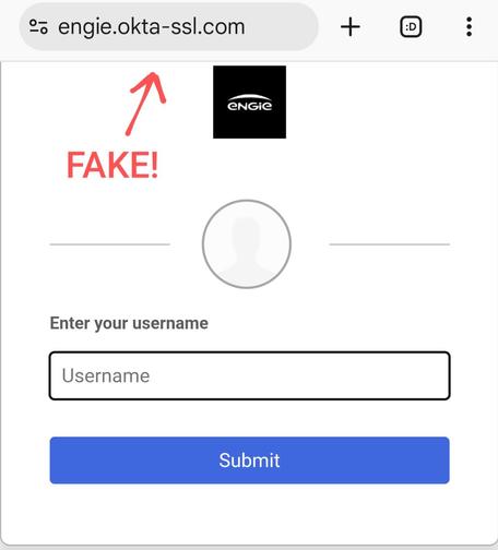 Screenshot from a malicious website showing a login page, impersonating engie.okta.com

The fake site uses the following domain name (I have replaced the dots by commas tot prevent you from accidentally opening it):

engie,okta-ssl,com

Lesson: read websitenames from right to left. Like the postal services do for the address of the White House:

1600.Pennsylvania-Avenue.Washington.DC.US

i.e. "US" is the most relevant part, and this "Washington" is in "DC" which is in the "US". The dash - is NOT a separator in websitenames; it is treated like any other character.

Explanation: okta.com is a company that provides login-services for other companies, in this case for engie.com

Take care out there!