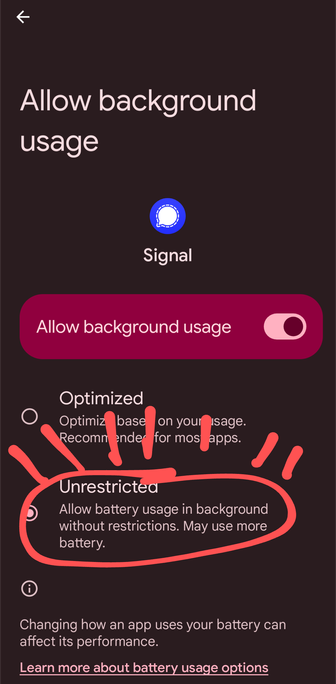 Screenshot if Android settings menu called "Allow background usage". A red circle is drawn around the selected option "Unrestricted - Allow battery usage in the background without restrictions. May use more battery"