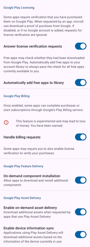 Screenshot displaying that all MicroG features for Google Services are enabled.