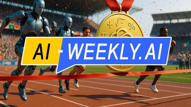 AI-Weekly for Tuesday, August 5, 2025 - Issue 176. This cover of the AI-Weekly newsletter depicts a packed stadium as two sleek silver humanoid robots and two determined human sprinters race along a red track toward a taut red finish-line ribbon, bright confetti speckling the sky, while an oversized gold medal with the ChatGPT knot logo surrounded by mathematical symbols hangs prominently in the foreground, amplifying the theme of human-machine competition and achievement.