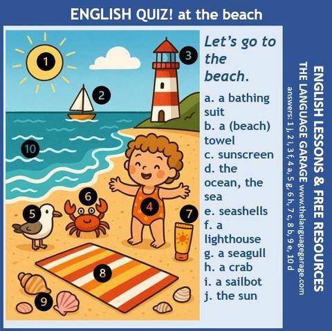 English vocabulary quiz for the beach, image of a child playing on the beach