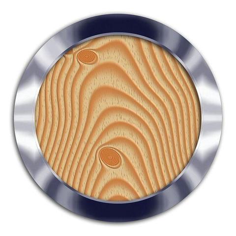 A wooded button with a metal edge.