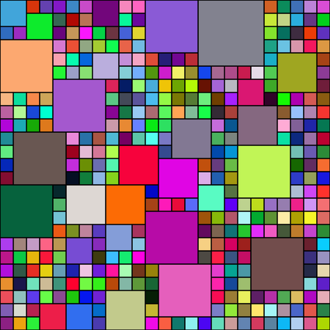 A computer generated picture of multicoloured squares of various sizes packed into a 25 by 25 grid