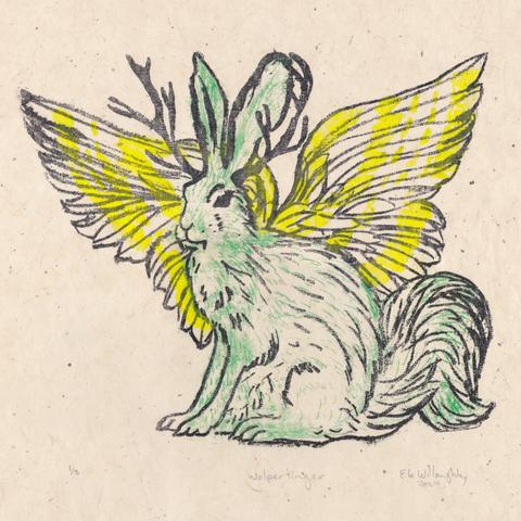 Detail of my wolpertinger (fanged, winged hare with antlers and squirrel tail) print made with kitchen litho in black, green and yellow on cream coloured washi paper with bark inclusions. It has a black outline, green fur and yellow striped open wings.