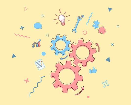 Multi-colored gears on a light-yellow background.