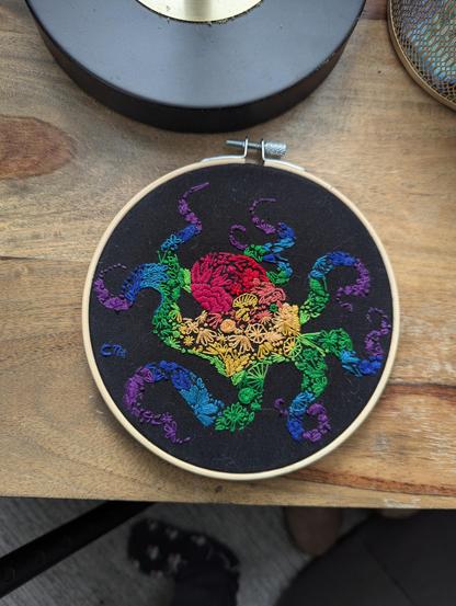 completed embroidery project with a rainbow octopus
