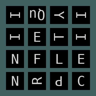 Image version of the 4 by 4 word grid, with some letters rotated
