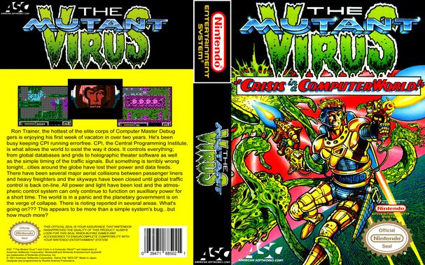 The cover of an NES game titled "The Mutant Virus". The word "Virus"is big and slimey. The word "Mutant" is metalic. There is a comic book style illustration of a man in futuristic armor blasting the green tentacles of a slime monster with blazing laser pistols.