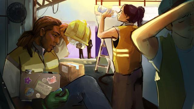 illustration depicting workers coping with the heat as best as they can during a heatwave event.