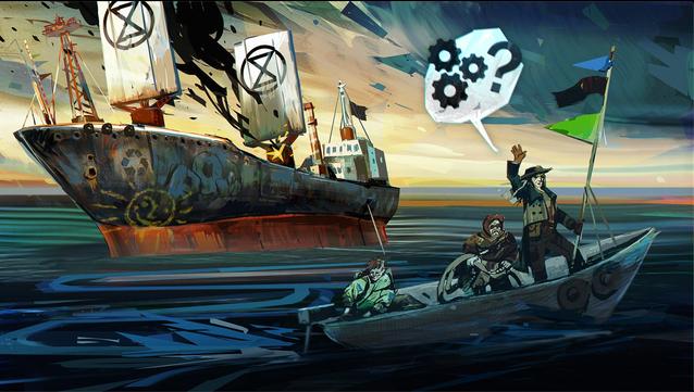 digital illustration showing ecopirates in need of repairs for their modern sailing cargo ship