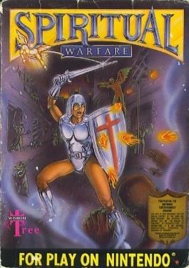 A video game cover for "Spiritual Warfare," featuring a muscular warrior in shiny armor holding a shield with a cross, set against a dark, fantastical background filled with ominous creatures and flames. The title is prominently displayed at the top in gold.