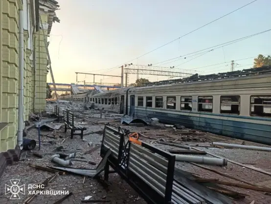 The aftermath of the Russian strike against the town of Lozova in Kharkiv Oblast overnight in Aug 2025
