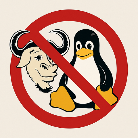 The image shows GNU and Tux, the GNU and Linux mascot, overlaid with a red prohibition symbol. It represents the deliberate exclusion or blocking of GNU/Linux and its users.