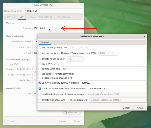 A screenshot of the nm-connection-editor GUI for NetworkManager-SSH, where an IPv6 address has been input into the "Gateway" field. With version 1.4.1 of the plugin, it will not work.