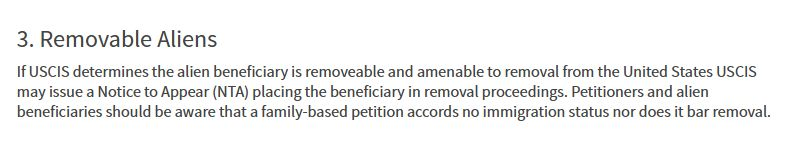 Text excerpt discussing USCIS procedures regarding removable aliens, including the issuance of Notices to Appear in removal proceedings and the implications of family-based petitions on immigration status.