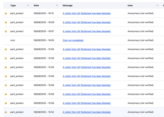 Screenshot of drupal log messages showing the Parliament Protect module blocking many visitors from UK Parliament, and one cron job.