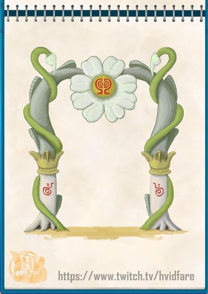 Fantasy archway in a naturalistic growth and flowery style. 
Large flower up top in the center, and roots circling the side pillars.