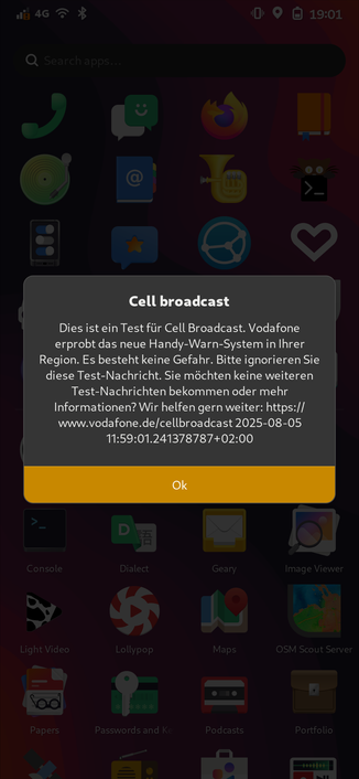 A screenshot from a phone running phosh. It displays a cellbroadcast test message received from Vodafone.