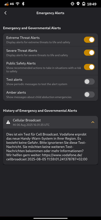 A screenshot from the same phone. This time showing the cell broadcast message in the mobile settings app.