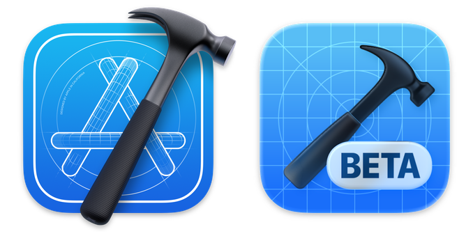 Xcode icons side by side.
Left: Xcode 16.4, very detailed hammer in front of a blueprint
Right: Xcode 26, quite simple hammer, fully inside the icon.