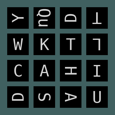 Image version of the 4 by 4 word grid, with some letters rotated