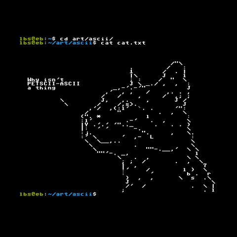 A picture of a housecat is drawn in white against a black background using punctuation marks and slashes.