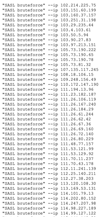 Partial list of the IP addresses trying to guess passwords to get access to my mail server in the past 24 hours.