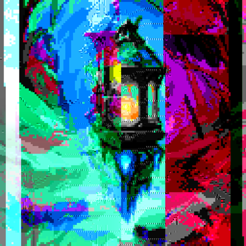 Glitchy pixelated image of a floating lantern