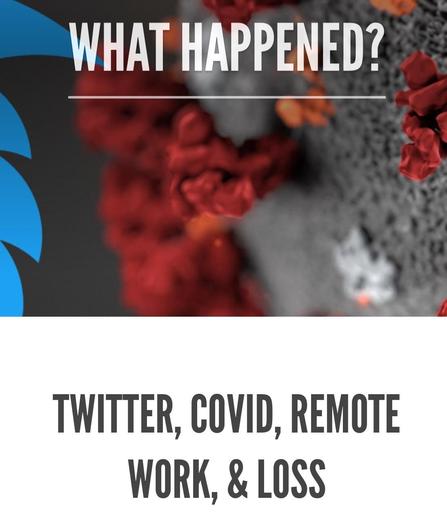 Image features a close-up of a virus, likely COVID-19, with a blue Twitter logo in the background. Text overlay reads "What Happened?" and below lists "Twitter, COVID, Remote Work, & Loss."