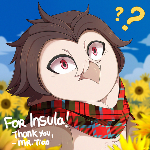 Digital bust drawing of a barn owl character, with short brown hair, red eyes and a red and green plaid scarf. He is confused, while surrounded by a field of sunflowers