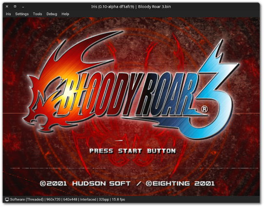 🕶️ A view of its UI (V.0.10, on Linux, with its menus at the top of the screen) with the title screen of the “Bloody Roar” game.

📚️ Iris is a libre, multi-platform Sony PlayStation 2 emulator. It provides a graphical interface and debugger, and can be run from the command line. It requires an external BIOS to run. For the moment (v.0.10), the emulator is not yet playable, allowing only the title screen of a few games to be launched. To be continued.