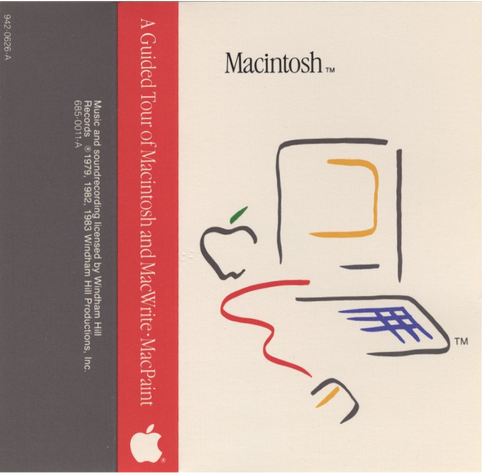 The image is a cover for a guided tour of Macintosh and its applications, MacWrite and MacPaint. The background is a light beige color, with a vertical red stripe on the left side. The red stripe contains white text that reads "A Guided Tour of Macintosh and MacWrite - MacPaint" and "Music and sound recording licensed by Windham Hill Productions, Inc." The Apple logo is present at the bottom of the red stripe. The main illustration on the cover features a minimalist drawing of a Macintosh computer, with a green apple to the left, symbolizing the Apple brand. The computer is depicted with a black outline, and the screen shows a yellow "E" shape. The keyboard is shown with a red line, and the mouse is represented by a small yellow shape. The text "Macintosh™" is prominently displayed at the top of the cover. The overall design is simple and modern, reflecting the aesthetic of the early 1980s.