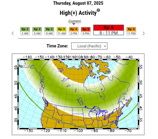 University of Alaska's Geophysics Institute map showing the ring of visibility dipping through Oregon, Idaho, Wyoming, Iowa, and through DC, and 3-hr interval of predicted Kp showing peak Kp6 between 8-11 pm Pacific.