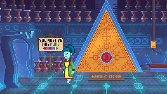 Carolina is next to a glowing orange triangle-shaped door with a red circle in the center. A nearby sign reads 'You must be this pure' with a color scale. The scene is pixel art in a fantasy temple setting with neon floors and a mystical vibe.