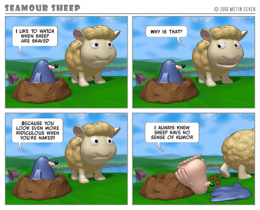 Episode from the stylized 3D Seamour Sheep comic strip series, featuring a fluffy cartoon sheep and a sarcastic mole.